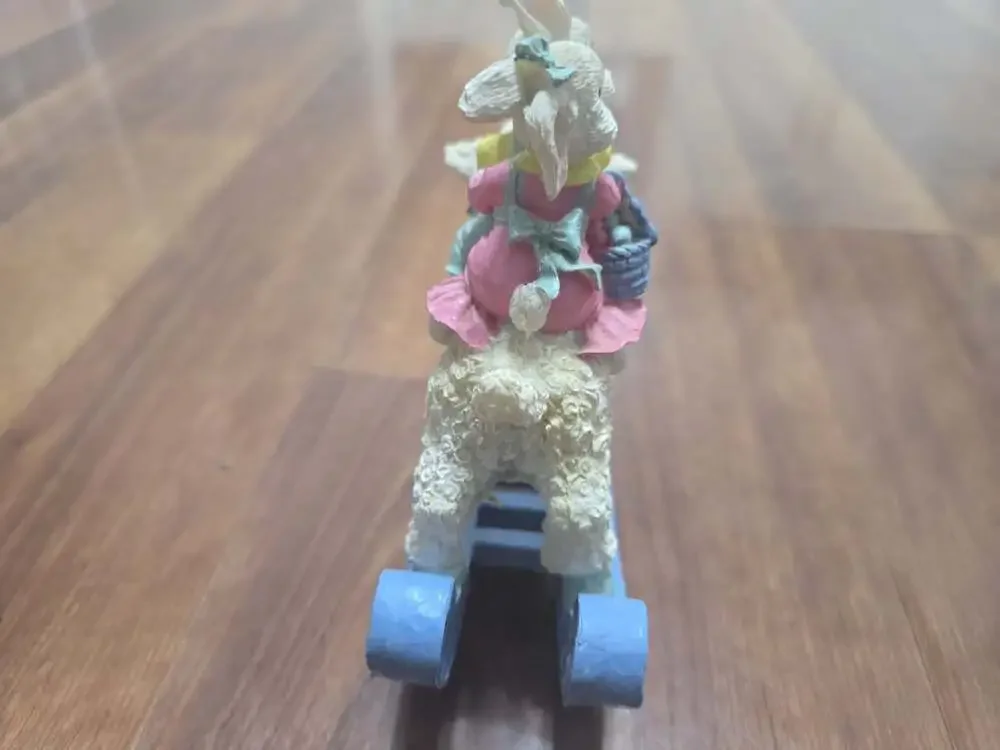 Vintage Resin Easter Bunny Rabbit Figurines Riding On Blue Rocking Lamb READ